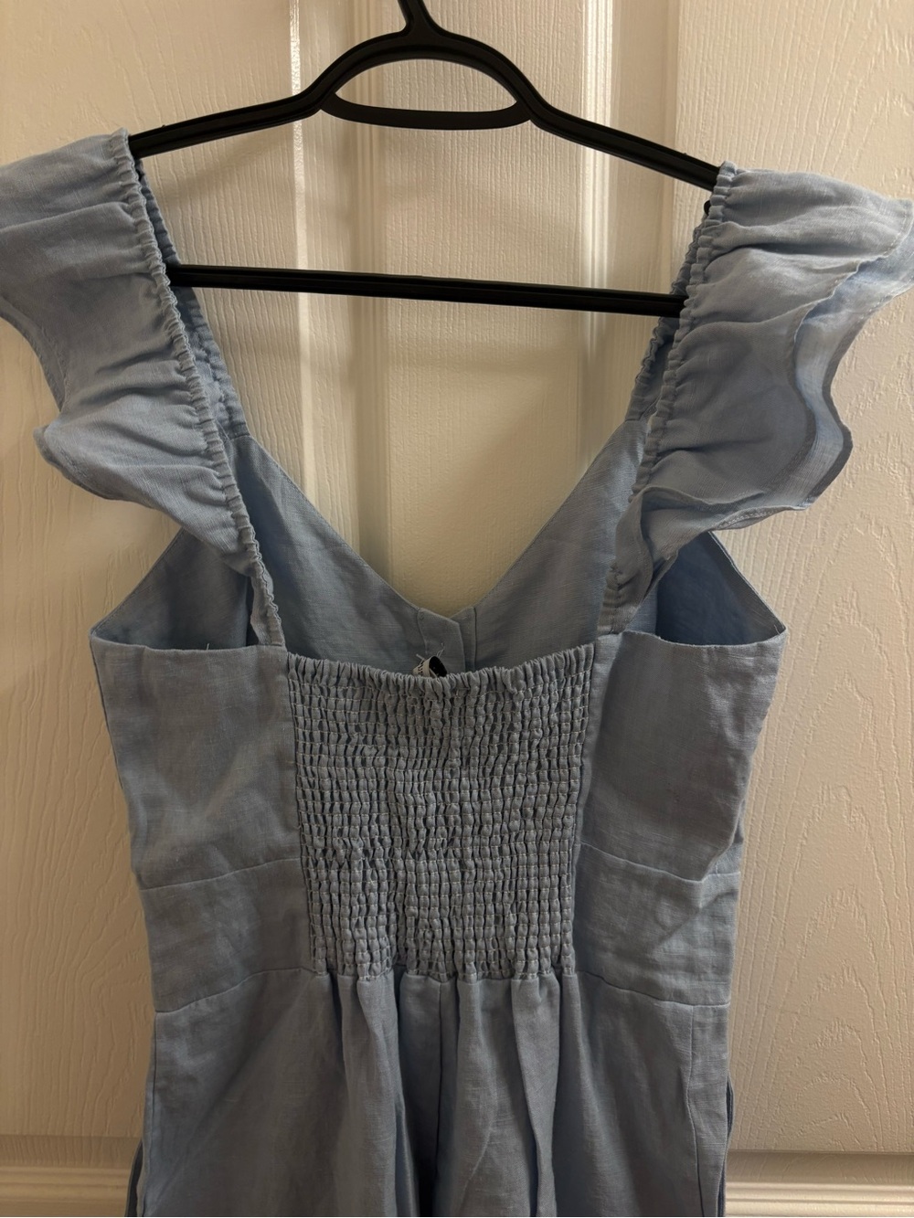 NWT Olivaceous Light Blue Linen Blend Flutter Sleeve Ruffle Hem Jumpsuit Medium - Picture 9 of 14